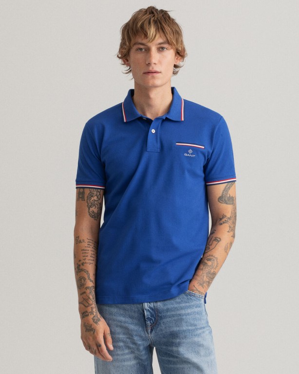 Gant 3-Color Tipping Piqué Men's Polo Shirts Blue | GyfxyMyKU6a