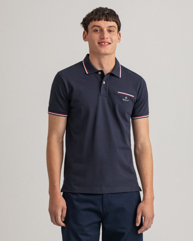 Gant 3-Color Tipping Piqué Men's Polo Shirts Blue | TXnLZKWuO5I