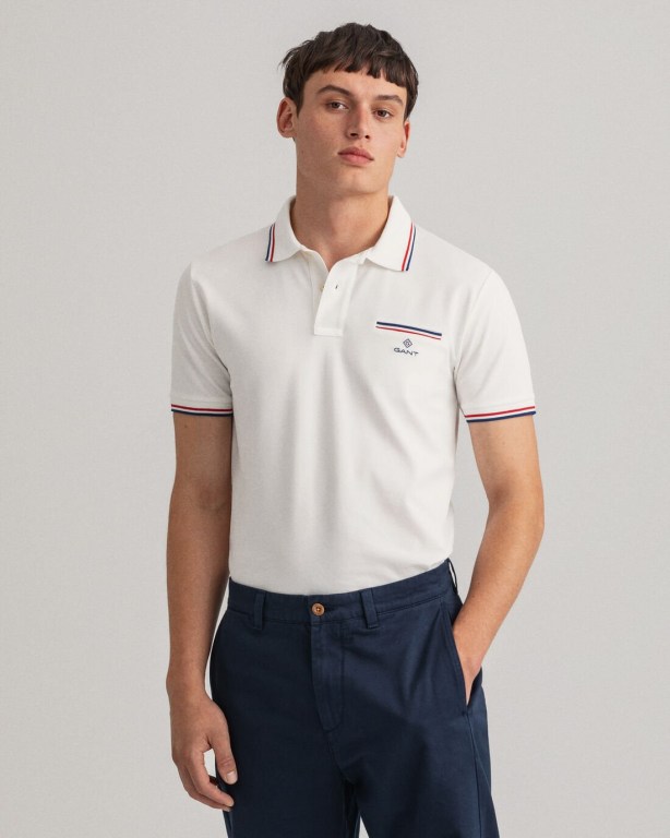 Gant 3-Color Tipping Piqué Men's Polo Shirts White | hQZgr6cE3YM