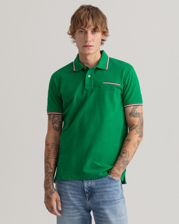Gant 3-Color Tipping Piqué Men's Polo Shirts Green | uCKgQ5PNa4r