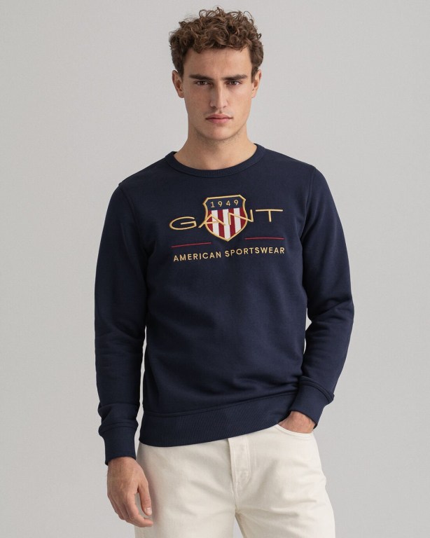 Gant Archive Shield Crew Neck Sweater Men's Sweatshirts Blue | 1jTknnxINEH