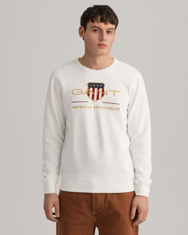 Gant Archive Shield Crew Neck Sweater Men's Sweatshirts White | DQ5AASpZBJF