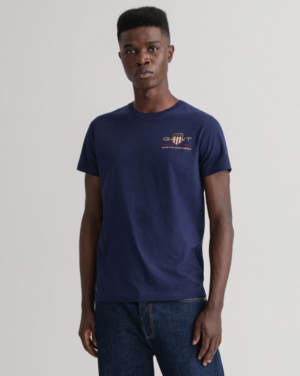 Gant Archive Shield Embroidery Men's T-shirts Blue | YATTHl5gKgU