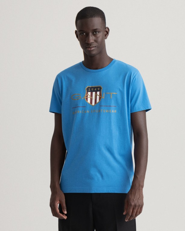 Gant Archive Shield Men's T-shirts Blue | rUBaNlQOMP5