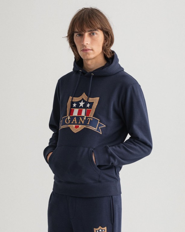 Gant Banner Shield Men's Hoodies Blue | jws0Q0zEZR8