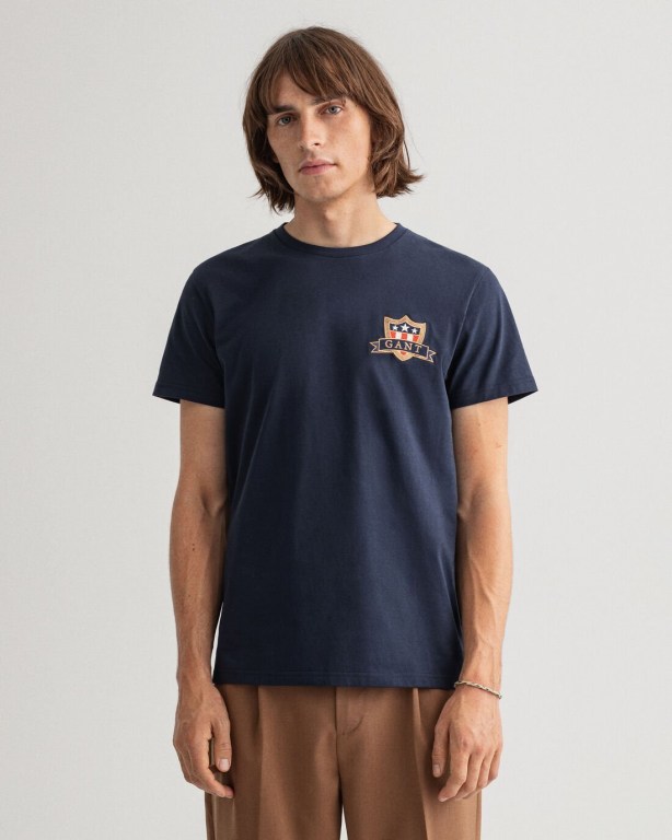 Gant Banner Shield Men's T-shirts Blue | r9G59Kl4901