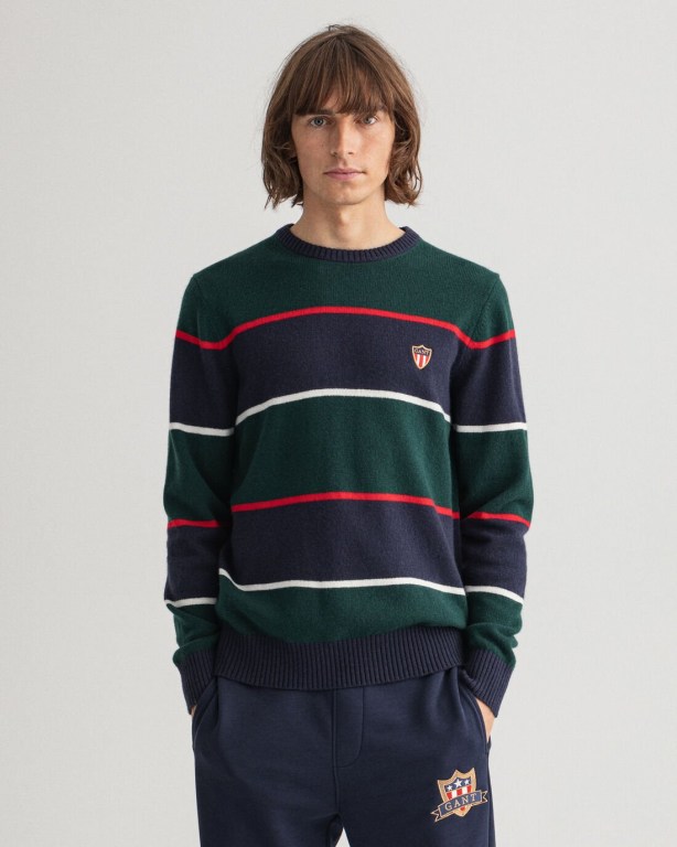 Gant Banner Shield Striped Crew Neck Men's Crewneck Jumpers Brown Green | nPcuwQKqiM6