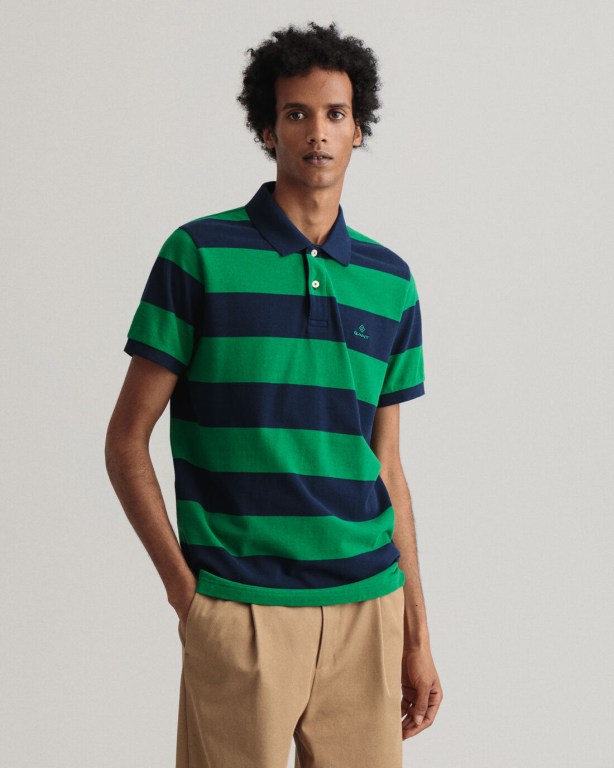 Gant Barstripe Piqué Men's Polo Shirts Green | HQnb1moIqUx