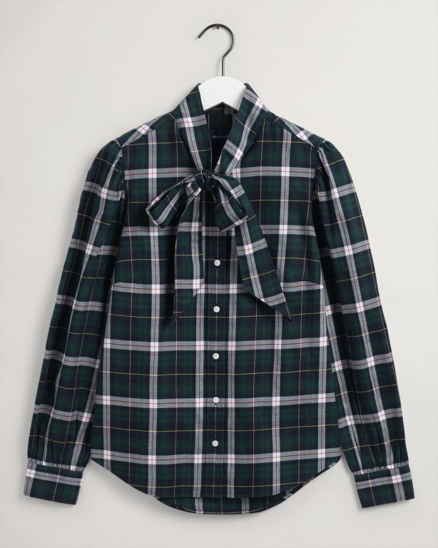 Gant Bow Puff Sleeve Check Women's Shirts Brown Green | EhobPbBFIlB