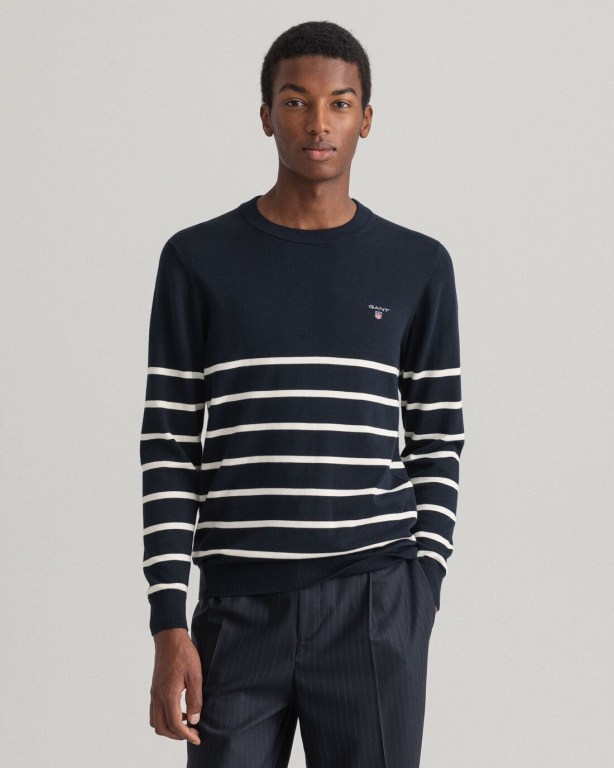 Gant Breton Stripe Crew Neck Men's Crewneck Jumpers Blue | KbsuOwHIGrO