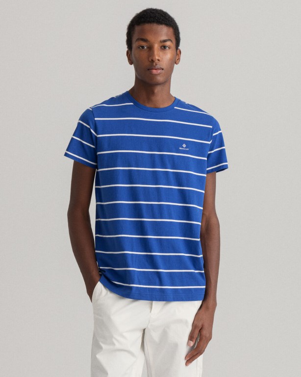 Gant Breton Stripe Men's T-shirts Blue | nVsEp2CmCjs