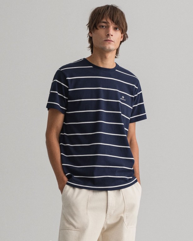 Gant Breton Stripe Men's T-shirts Blue | tCRe6L6ETLB