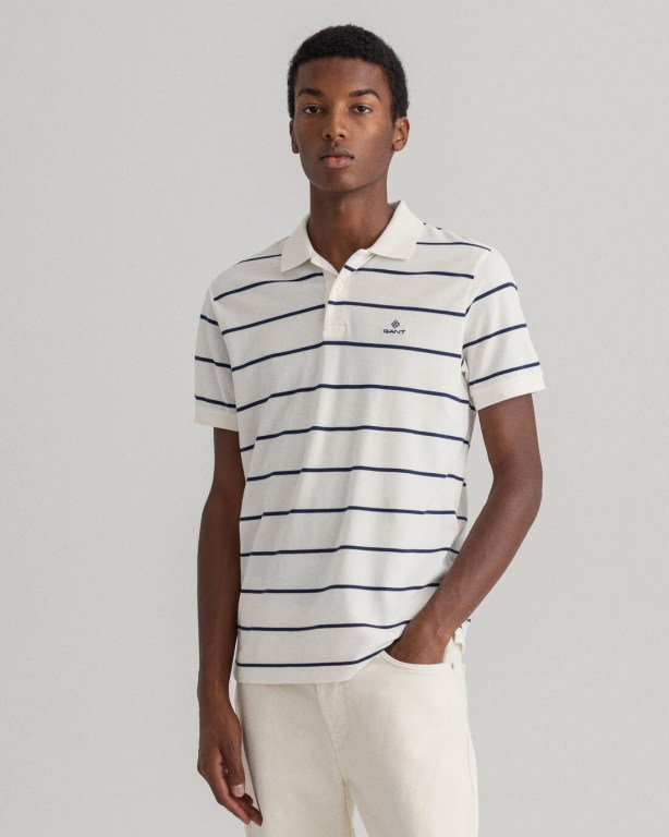 Gant Breton Stripe Piqué Men's Polo Shirts White | D3PCXpf0Z7z