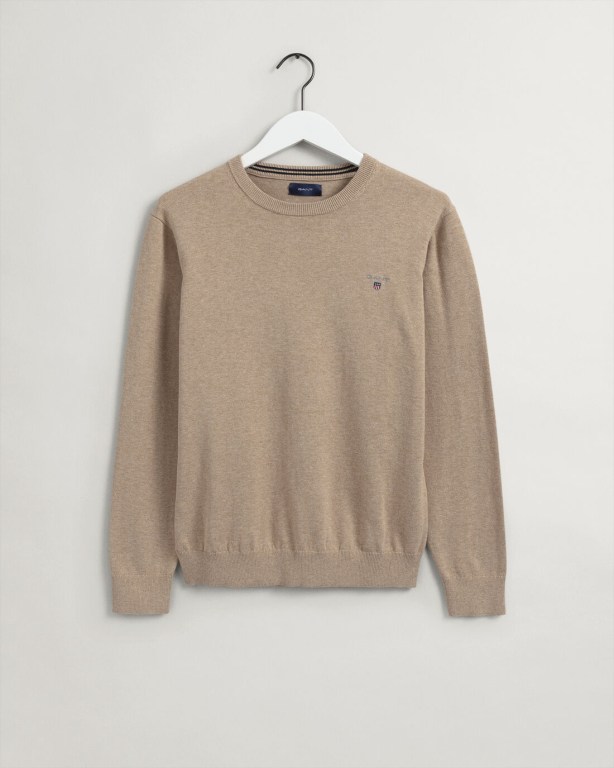 Gant Classic Cotton Crew Neck Men's Crewneck Jumpers Khaki | QlD4YLJ6c46