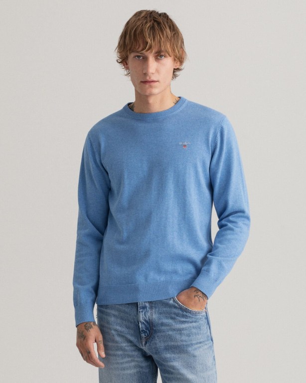 Gant Classic Cotton Crew Neck Men's Crewneck Jumpers Blue | e2fs7YVO8tF