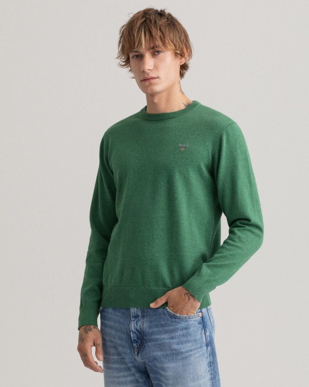 Gant Classic Cotton Crew Neck Men's Crewneck Jumpers Green | ufo6Vi9w0M4