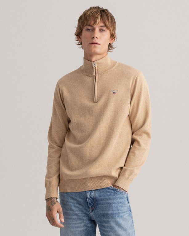 Gant Classic Cotton Men's Half Zip Jumpers Khaki | ZsPhBY9ui7p