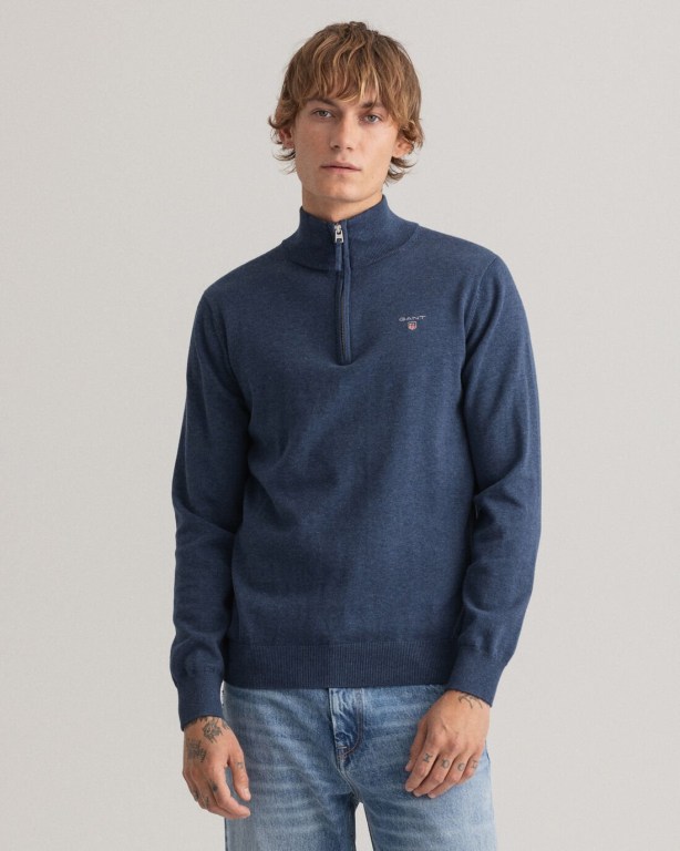 Gant Classic Cotton Men's Half Zip Jumpers Blue | lhwCXZtoab8