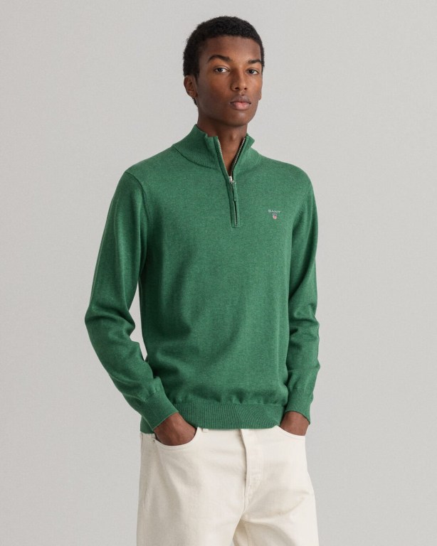 Gant Classic Cotton Men's Half Zip Jumpers Green | lpXU8o5A8og