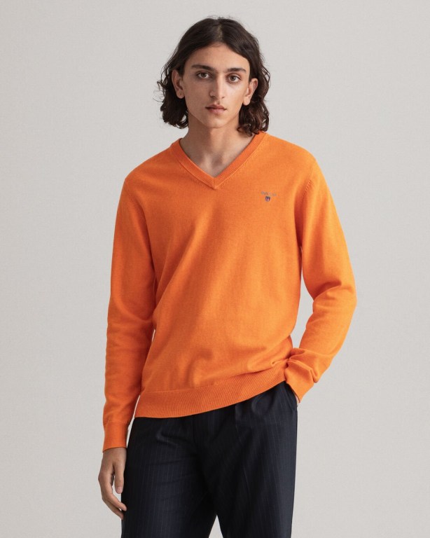 Gant Classic Cotton Men's V-neck Jumpers Orange | 1P074HOds4I