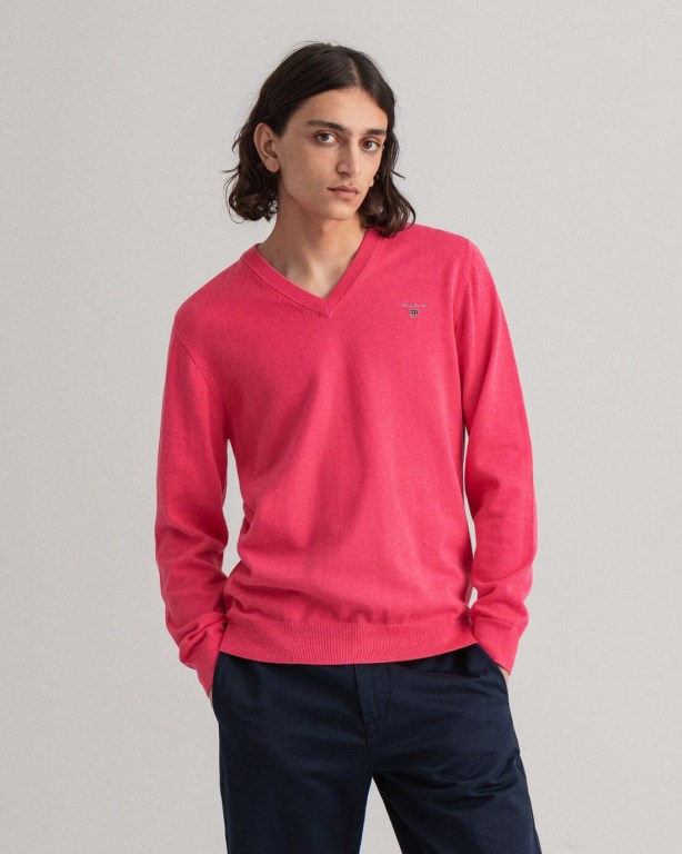 Gant Classic Cotton Men's V-neck Jumpers Pink | MScYfXt6Y1j