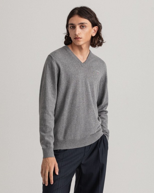 Gant Classic Cotton Men's V-neck Jumpers Dark Grey | O4xNl91pqaS