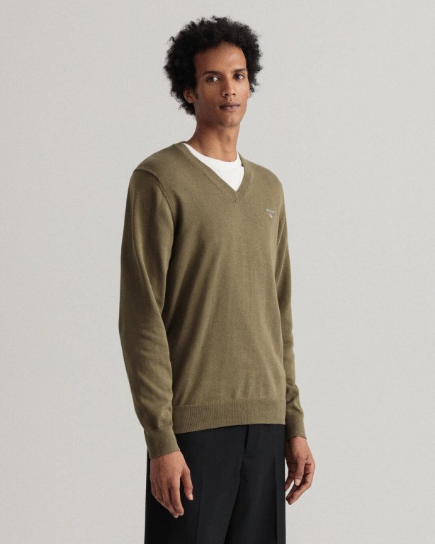 Gant Classic Cotton Men's V-neck Jumpers Green | R4PLzAcqe48