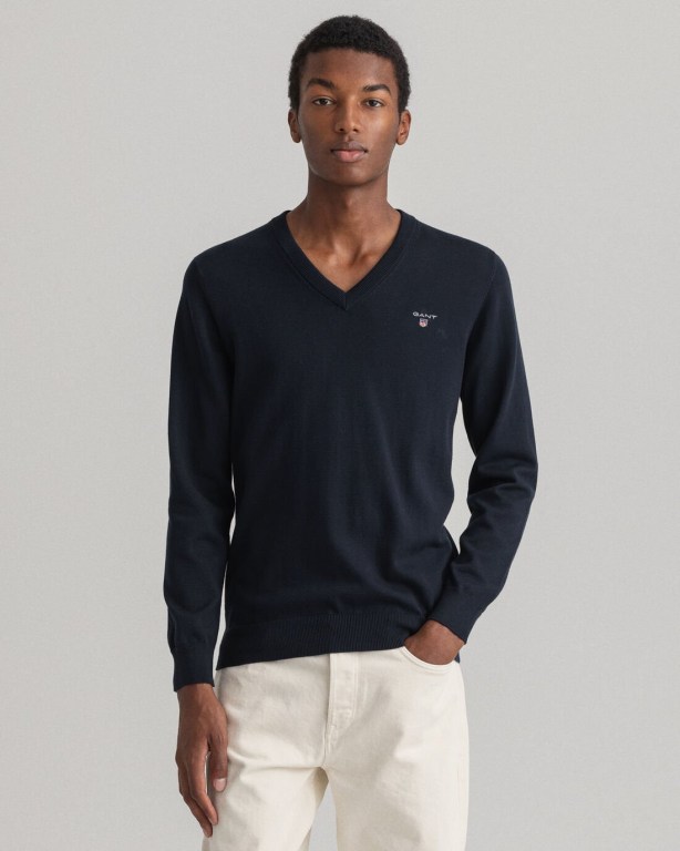 Gant Classic Cotton Men's V-neck Jumpers Blue | TR7BEk5xsQi