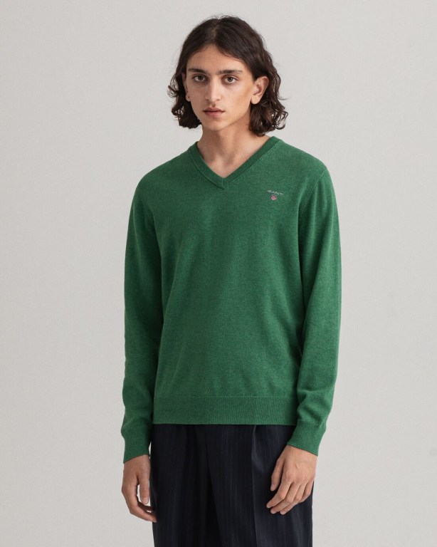 Gant Classic Cotton Men's V-neck Jumpers Green | aHlesNuBelJ