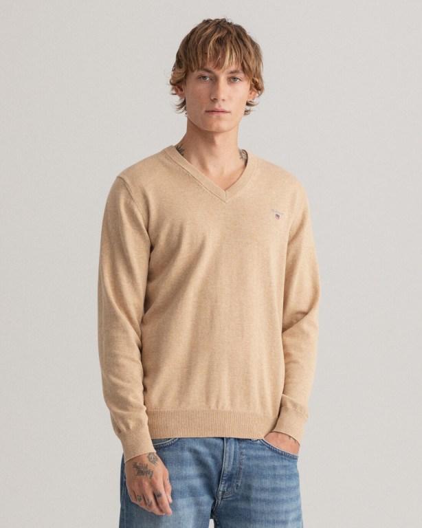 Gant Classic Cotton Men's V-neck Jumpers Khaki | lwa8Tbbv7LN