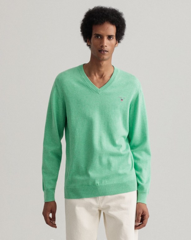 Gant Classic Cotton Men's V-neck Jumpers Green | tdEIiQiFCWd