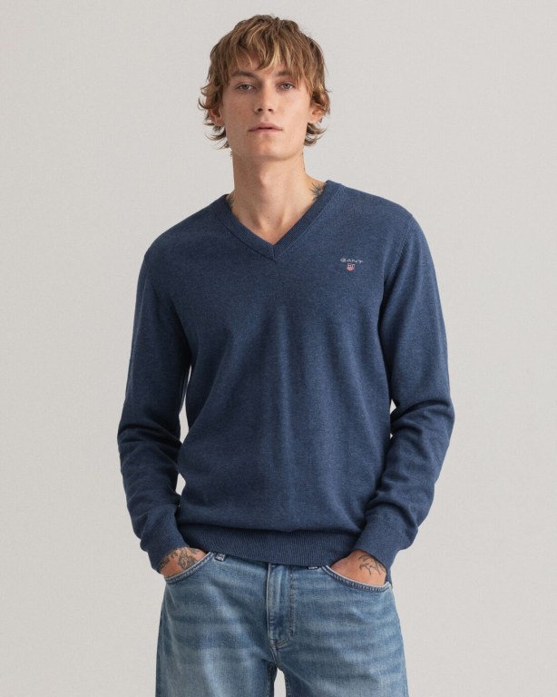 Gant Classic Cotton Men's V-neck Jumpers Blue | tn9OPpG6gw7