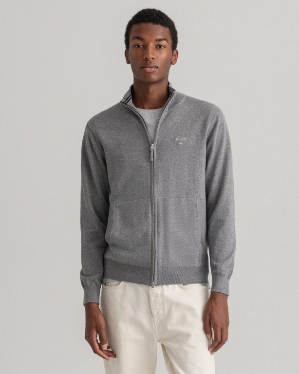 Gant Classic Cotton Zip Cardigan Men's Full Zip Jumpers Dark Grey | TkM3CKCUhfW