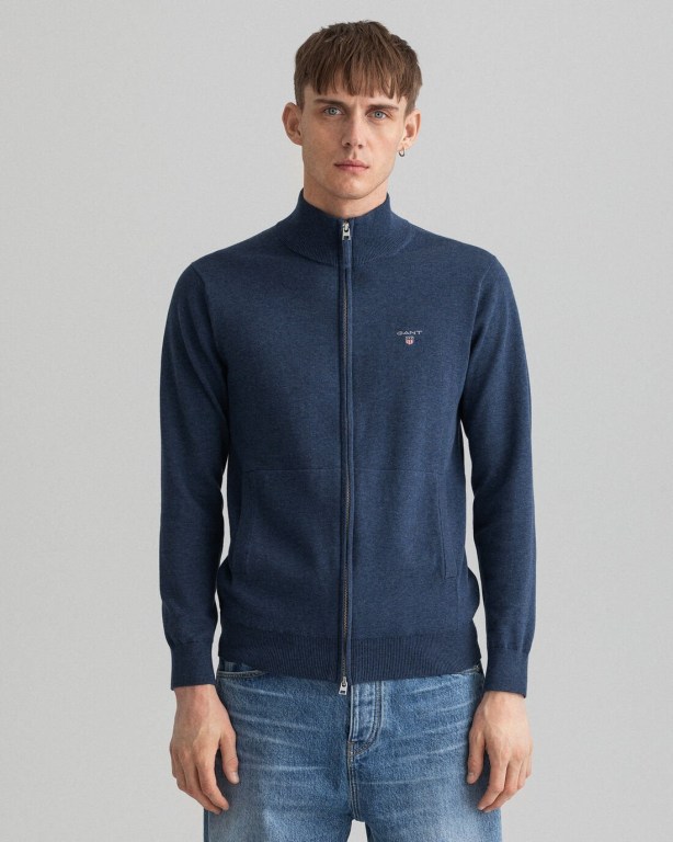 Gant Classic Cotton Zip Cardigan Men's Full Zip Jumpers Blue | frTOpVo9A21