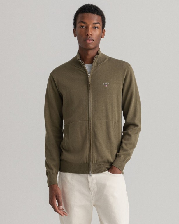 Gant Classic Cotton Zip Cardigan Men's Full Zip Jumpers Green | gQKcgT4TDZd