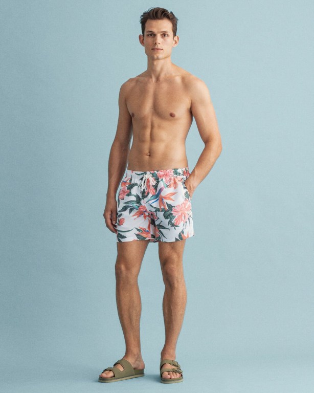 Gant Classic Fit Tropical Print Men's Swim Shorts White | KRmFbaNAOrD