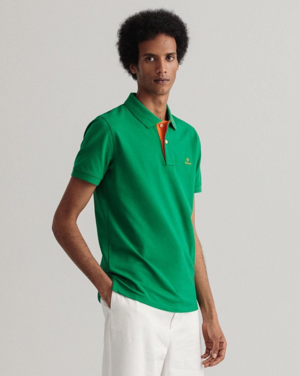 Gant Contrast Color Piqué Men's Polo Shirts Green | 79b79cZ0NSf