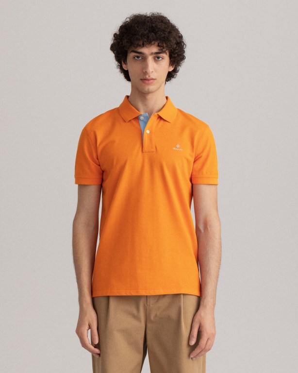 Gant Contrast Color Piqué Men's Polo Shirts Orange | 9tXbDBXETEd