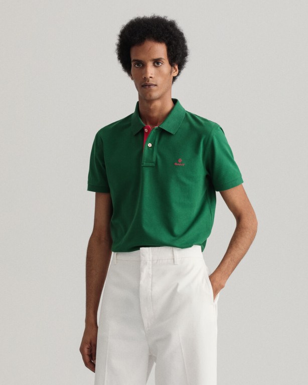 Gant Contrast Color Piqué Men's Polo Shirts Green | VccodzmYFQZ