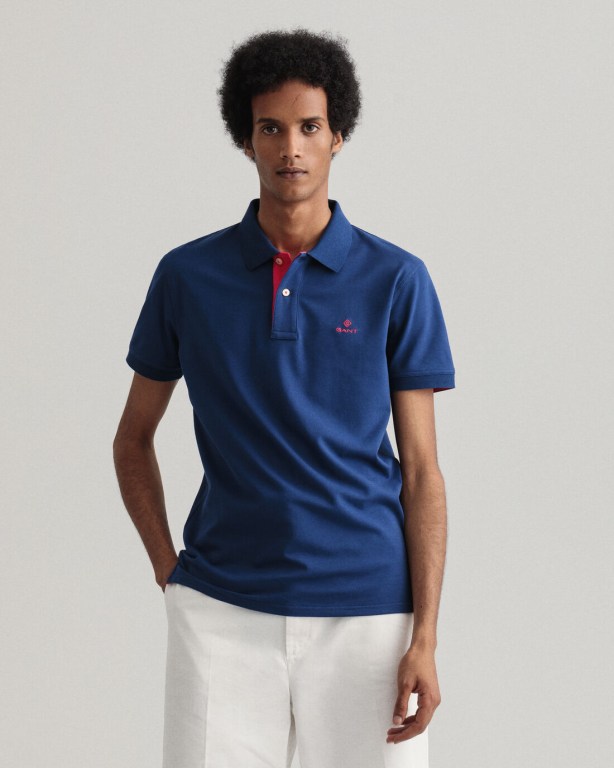 Gant Contrast Color Piqué Men's Polo Shirts Blue | kmR2xLpTL3o