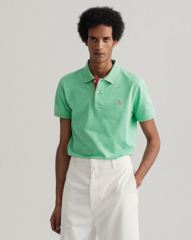 Gant Contrast Color Piqué Men's Polo Shirts Green | oIvAnfGnDhw