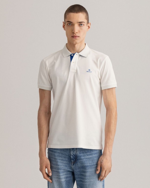 Gant Contrast Color Piqué Men's Polo Shirts White | wO4pZKJJ9y6