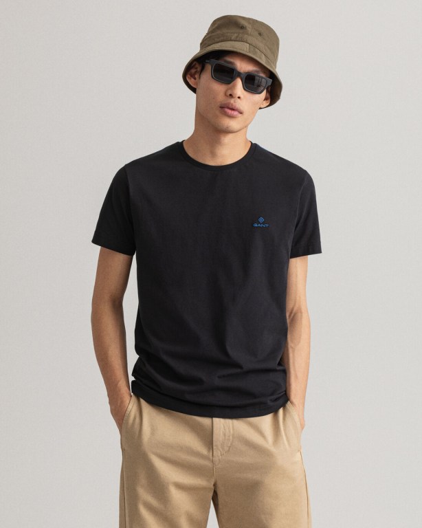 Gant Contrast Logo Men's T-shirts Black | TxSOJGjPMps