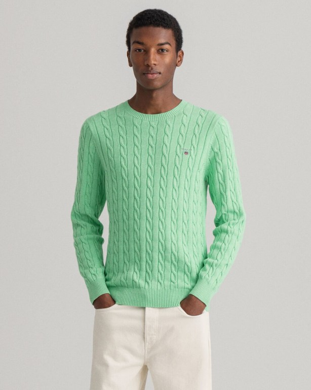 Gant Cotton Cable Crew Neck Men's Cable Knit Jumpers Mint | AMAsvuIMa9Q