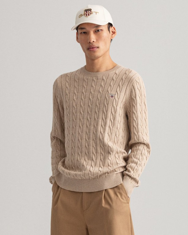 Gant Cotton Cable Crew Neck Men's Cable Knit Jumpers Brown | KtE8mxMCKfA