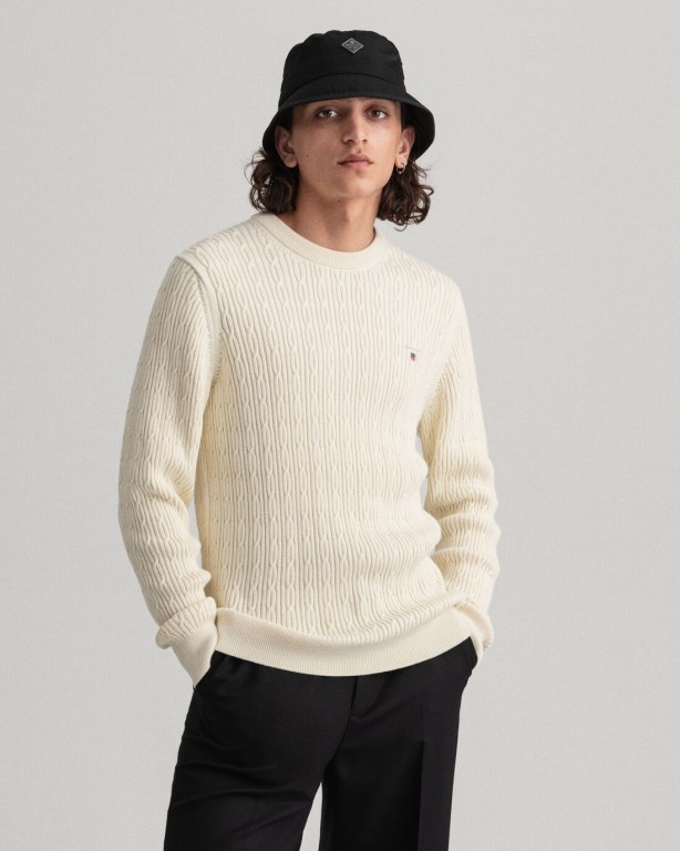 Gant Cotton Cable Crew Neck Men's Cable Knit Jumpers Cream | P2JFSyjRQEM