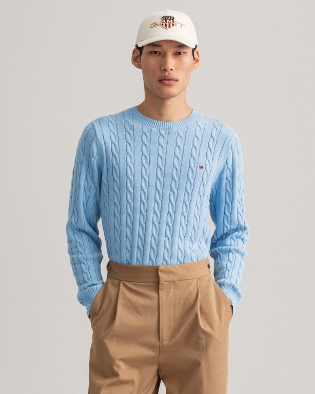 Gant Cotton Cable Crew Neck Men's Cable Knit Jumpers Blue | XkY3OBKhbLT