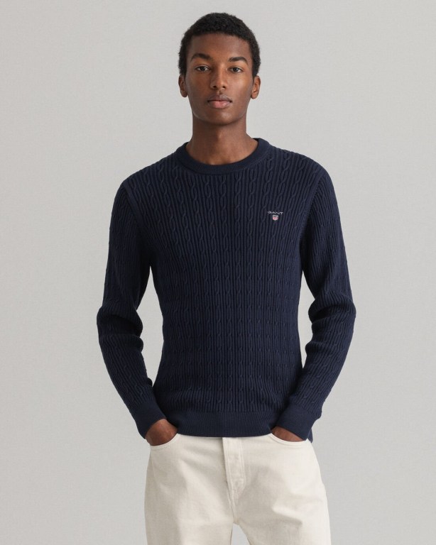 Gant Cotton Cable Crew Neck Men's Cable Knit Jumpers Blue | Yi5wnUDkXqj