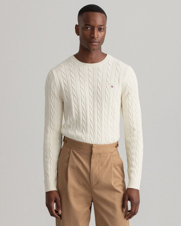 Gant Cotton Cable Crew Neck Men's Cable Knit Jumpers Cream | j1uXL1fJGef