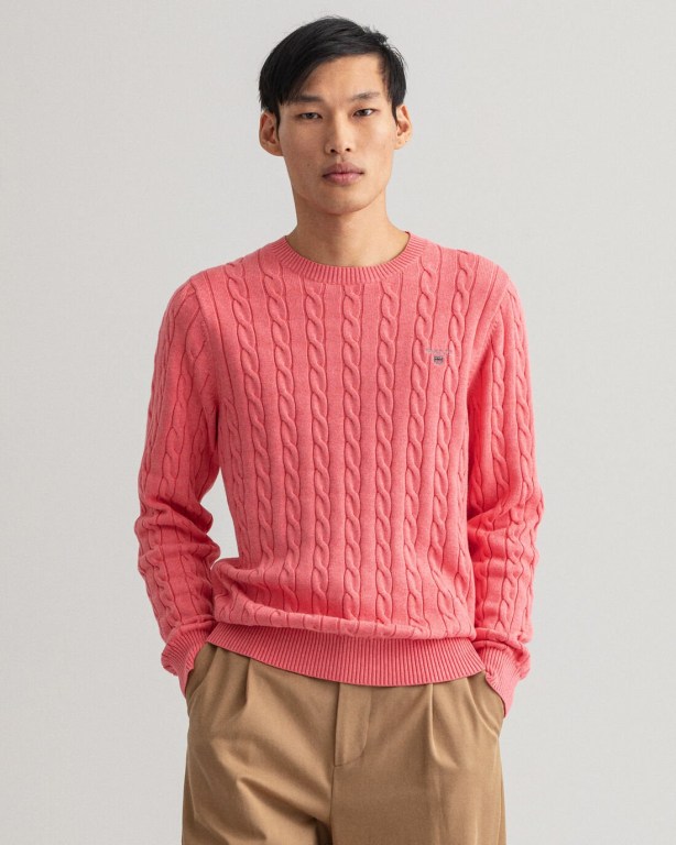 Gant Cotton Cable Crew Neck Men's Cable Knit Jumpers Rose | n2knBbQeGaZ